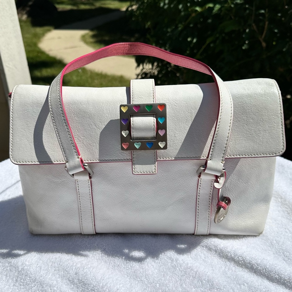 Vintage Dooney & Bourke Y2K Rainbow Heart White Leather Flap Tote Bag